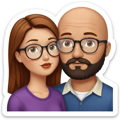 Couple. Bald man with dark brown-black beard. White woman with many small, faded freckles, she has white skin and she has auburn-brown-cinnamon, dark long hair. She has light brown eyes. The man have hazel eyes and glasses. She have light eyes. Retro style. She kisses him. sticker