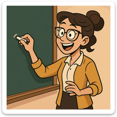 cartoon female teacher with glasses, writing on a chalkboard, cheerful and animated, cartoon style sticker