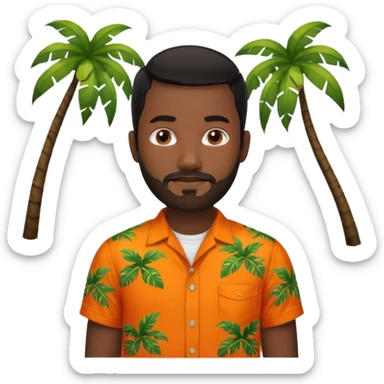 create an emoji of a man but with very very short black hair, dark skin, dark brown eyes and a short beard without a moustache and an orange and tropical shirt with short sleeves sticker