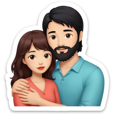 handsome asian man with black hair and beard, hugging cute tan skin woman with long wavy reddish brown hair with bangs and coral lipstick sticker