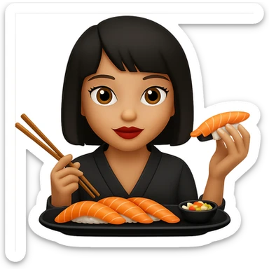 Edit the image of a girl eating sushi to have a short bob hairstyle. Keep the same style as the original image. Remove the background. sticker