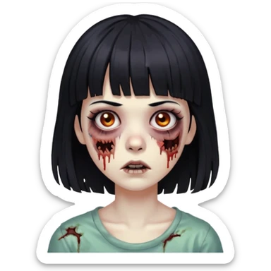 Zombie girl, black hair with bangs, slightly wavy, layered haircut, long eyelashes, black eyes. sticker