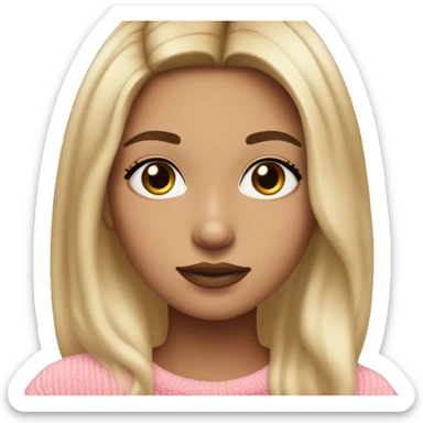 Girl wearing pink sweater with balayage hair dark roots and blonde ends with fair skin tone and dark brown eyes, full lips and small nose sticker