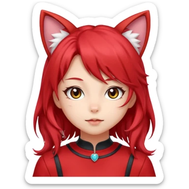 very cute anime cat-girl with cat ears, red blowing hair sticker