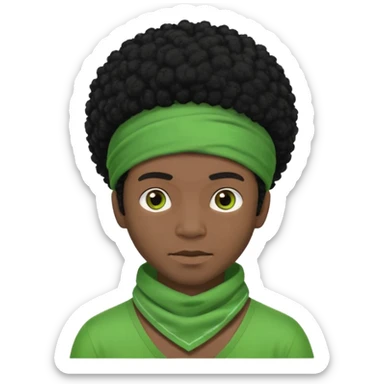 black-skinned male with black afro hair and a green bandana sticker