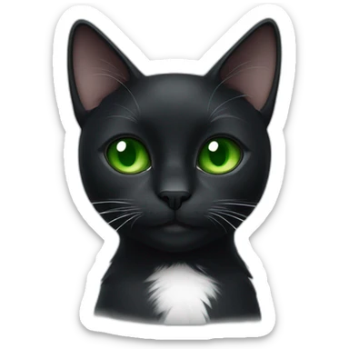 A black cat with green eyes with a white mustache, with a thin white stripe on the nose on the right side, with a full-length white breast and white paws sticker