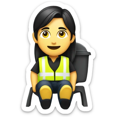 Guy with black long hair in a pony tail sitting on the toilet, in black shirt and pants with a yellow safety vest draped over his shoulder  sticker