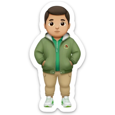 Fat mexican boy with green jacket, skinny khaki jeans, and white nikes sticker