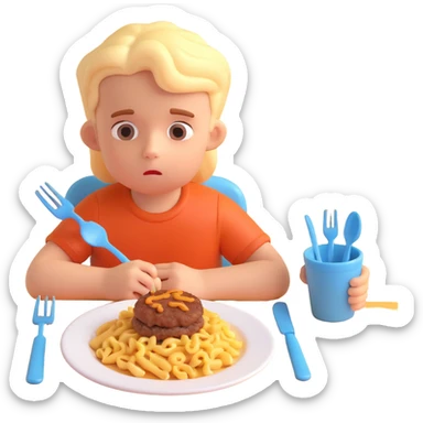 A stylized 3D character of a 6-year-old child sits at a table, looking bored at a plate of macaroni and a meat patty, absentmindedly poking the macaroni with a fork. sticker
