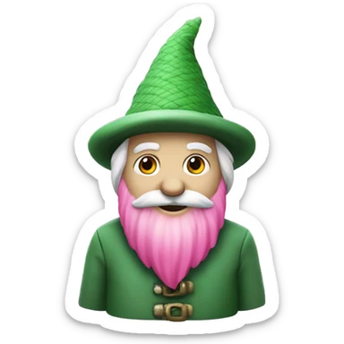 a green gnome with a white beard a fullbody green cilinder hat and a landing pink net in the left hand sticker