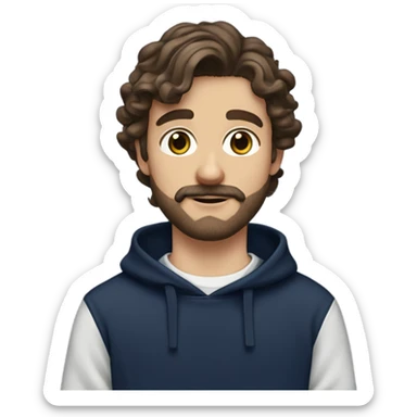 White boy with dark brown medium length wavy hair and a beard and mustache and the prettiest hazel eyes in a navy sweatshirt sticker