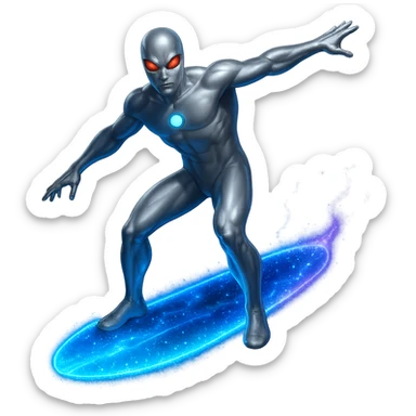 Make the board glow with a space energy effect, keep the silver surfer standing, no background. The style should emphasize a space energy glowing effect on the board with the silver surfer figure clearly visible and standing. sticker
