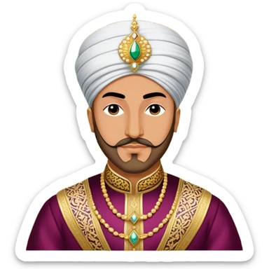 Suleiman the Magnificent – Cinematic Realistic Portrait of Suleiman the Magnificent, depicted as a regal Ottoman sultan in luxurious traditional attire with intricate patterns and a golden turban, his commanding gaze illuminated by warm, historic lighting, exuding majestic authority and timeless grandeur. sticker