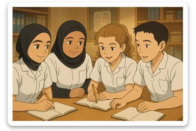 Quatre étudiants infirmiers en style Ghibli, travaillant en collaboration et en interaction à l'intérieur. Tous portent des uniformes blancs à manches courtes, sans pied de col ni stéthoscopes, avant-bras nus, cheveux longs attachés. Hauts de type tunique médicale, col en V, poche poitrine côté gauche. Inspirés des quatre personnes sur les photos jointes. Scène chaleureuse et professionnelle. sticker