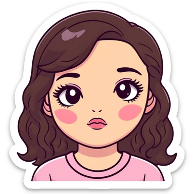 girl with light wheatish skin, dark brown long wavy hair, pouty shiny lips with berry lip gloss, large eyes with eyelashes, pink blush on cheeks, inner eye highlighted with white eyeliner, button nose sticker