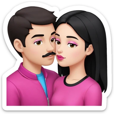 Brunette boy with short hair and black mustache wearing black clothes, kissing white girl with long black hair wearing pink clothes sticker