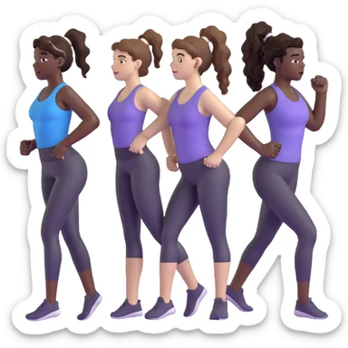 3 women exercising. The woman on the left has pale white skin and curly brown hair in a ponytail. The woman in the middle has black skin and curly black hair. The woman on the right has pale white skin and straight, brown hair in a ponytail. sticker