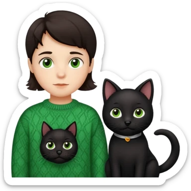 kid with brown eyes, flat brown hair, vintage sweater, with black wavy-haired black dog and black straight-haired cat with green eyes in Apple emoji style sticker