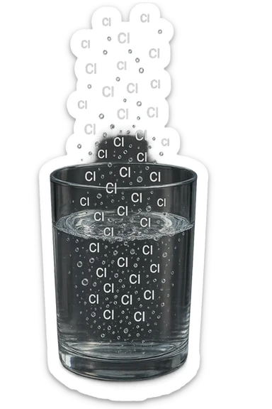 un bicchiere di acqua realistico e dettagliato fluttua in aria, dentro l'acqua del bicchiere ci sono particelle di cloro ben visibili con la scritta "Cl" sopra, ci sono particelle anche che escono dal bicchiere e fluttuano in aria verticalmente, mentre alcune sono all'interno dell'acqua nel bicchiere, iperrealistico 4k sticker