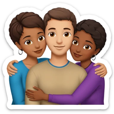  middle Eastern man with short brown hairwith two black african women both are African one is medium tone skin black and one is medium tone black with african hair styles. and they are all smiling and putting their arms around each other and kissing and hugging sexually  sticker