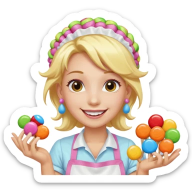 candy shop vendor, looking like candy with candy earrings and candy hair with big smile and blond hair sticker
