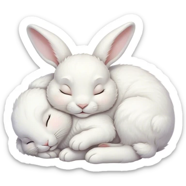 Meme-Worthy Cute Sleeping White Rabbit Portrait Emoji, Head resting peacefully with a contented smile, showcasing a delightfully compact build and a luxuriously soft pure white fur, eyes shut in a serene nap, Simplified yet hilariously adorable features, highly detailed, glowing with a soft, drowsy light, high shine, relaxed and utterly lovable, stylized with an air of playful laziness, bright and heartwarming, soft glowing outline, capturing the essence of a comically sleepy bunny, so meme-worthy it feels like it could instantly become the next viral sensation of adorable slumber! sticker