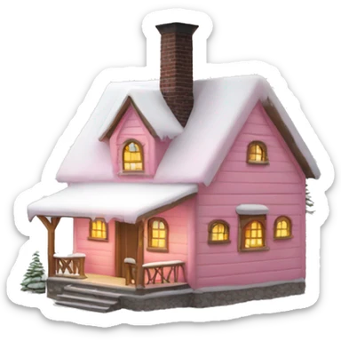 light pink cabin with snow with lights with smoking chimney sticker