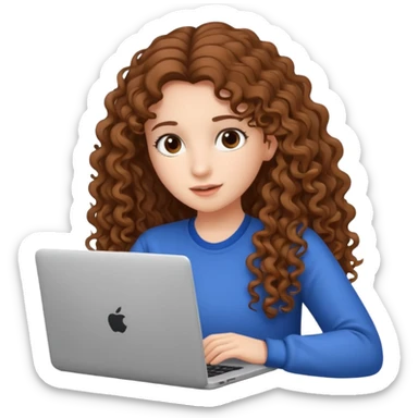 A girl with long curly hair is preparing for IELTS online with a laptop. sticker