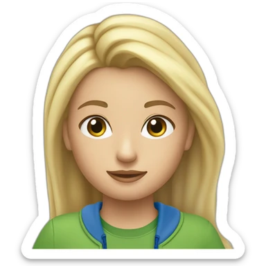 Een meisje met lang steil blond haar een groene trui en een blauwe cargo broek en witte nike sticker