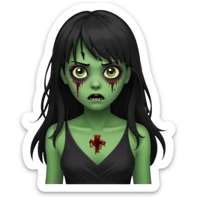 faça uma garota na forma de zumbi com a pele verde, assustada e com os olhos pretos escuros, com o cabelo preto longo e com franja e a roupa decotada preta sticker
