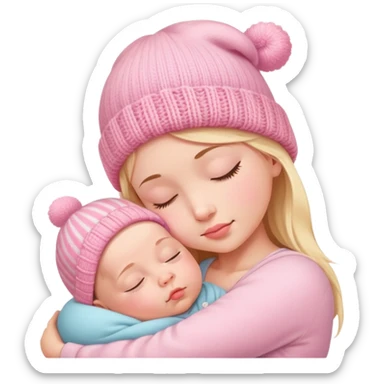 peaceful infant baby sleeping on mother's arm wearing cute pink knitted hat sticker