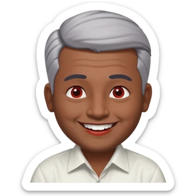 50 yr old indian man, dark skin, grey hair, big smile, white teeth, chubby, no moustache, clean shaven, young style hair, hair brushed back, 5 oclock shadow, bindy, dress shirt, forehead dot, chubby, religious, red dot, fancy hair, red dot sticker