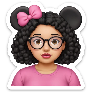 a somewhat tan 24 year old chunky girl with black curly hair, glasses, and wearing mickey mouse ears and pink shirt  sticker