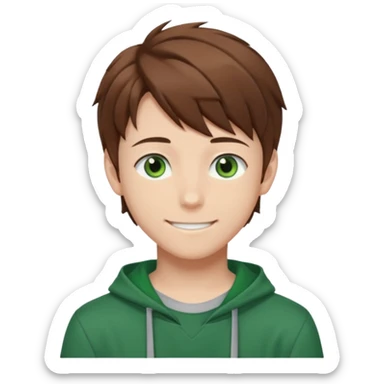 the face of an Anime teen boy with brown hair, green eyes, looking smiling slightly sideways positioned. Face must be main filling of the emoji.  128px sticker