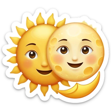 a really bright  big sun and a small moon who shines because of it. the sun is bigger and the tiny \moon bright too beside it smiling looking at each other sticker