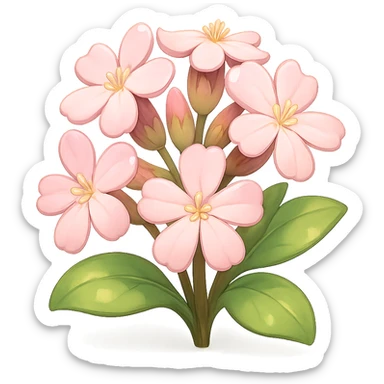 3D iOS-style cartoon soapwort (Saponaria) flowers with exaggerated cute pale pink petals and big green leaves, playful proportions, soft lighting, glossy effect, no background, without a face or smile, in GPT Image style sticker