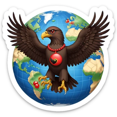Fully black eagle with red mala bead necklace, the eagle's head facing the left with a single eye visible, wings spread full length, standing over an earth emoji with the African continent centered on the earth emoji. Replace the eye of the eagle with a Japanese Yen currency symbol. sticker