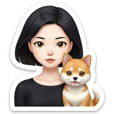 girl with black shoulder-length hair wearing a black tight-fitting top with a calico cat with white mouth and a shiba inu dog sticker