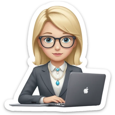 Please take the girl with laptop emoji and make her glassess light brown, her eyes ocean blue and her nose a bit smaller and pointier and she has blonde very long hair and a dark grey suit and pearls necklace, and has a laptop in fron of her and a tiny pink bow on the left side of her head sticker