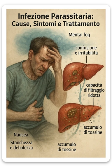 "Man feeling increasingly unwell as his liver fails to filter toxins, nausea, tiredness, and weakness overwhelming him as toxins infiltrate his brain causing confusion and irritability Parasitic Infection: Causes, Symptoms & Treatment, expression of mental fog and physical exhaustion, liver shown as overworked organ with reduced filtration capacity, toxic buildup affecting entire body systems" in italiano sticker