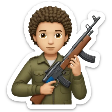 AK47 in hand, light skin male with shortest curly hair  and some cuts on the face  sticker