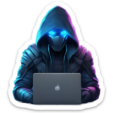 developer behind his laptop with this style : crysis Cyberpunk Riot Games Valorant neon glowing bright blue character blue black hooded assassin themed character sticker