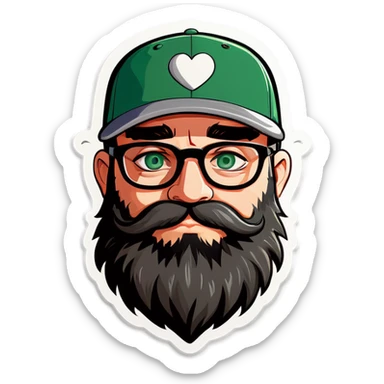 A bold man with a grey baseball cap, green eyes, big beard and glasses hugging heart sticker
