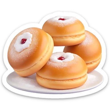 Berliner Krapfen, round, golden-brown, no hole, dusted with powdered sugar, visible jam filling sticker