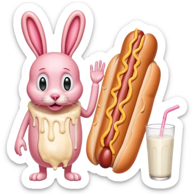 hot dog with exaggerated veins, dripping with mayonnaise and milk, next to a surprised humanoid bunny sticker