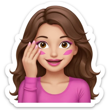 girl with long wavy brown hair, brown eyes, long lashes, sexy pink lips, light to medium complexion, wearing a pink sexy top, smiling, hands covering over the eyes sticker