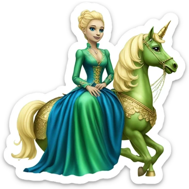 "galora green blonde alien woman" in blue Victorian dress elegant, full body, on gold unicorn sticker