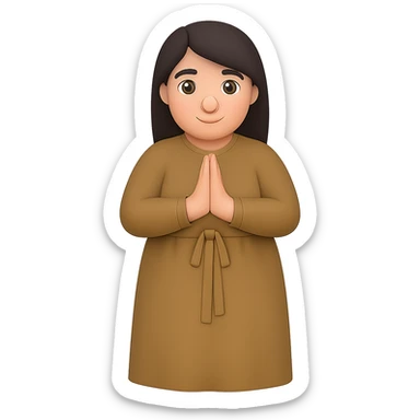Make the woman a little thicker (not very thin), standing and praying from the front view, wearing a long tan dress, with dark brown hair, in emoji style, with no background. sticker
