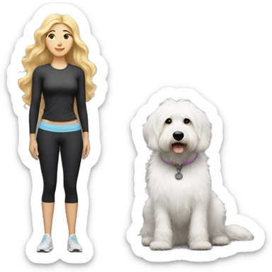 white woman with long blonde hair and cat shaped eyes wearing a yoga outfit standing alongside a black and white colored bernadoodle dog sticker