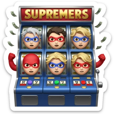 disheveled super heros losing money at a slot machine, panicked face, coins flying sticker